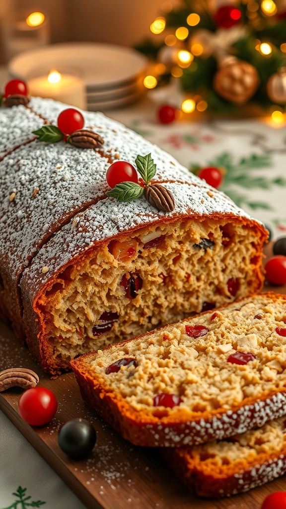 Festive Christmas Cake Loaf Recipe A festive Christmas cake loaf, sliced to show dried fruits and nuts, dusted with powdered sugar, on a holiday-themed table.
